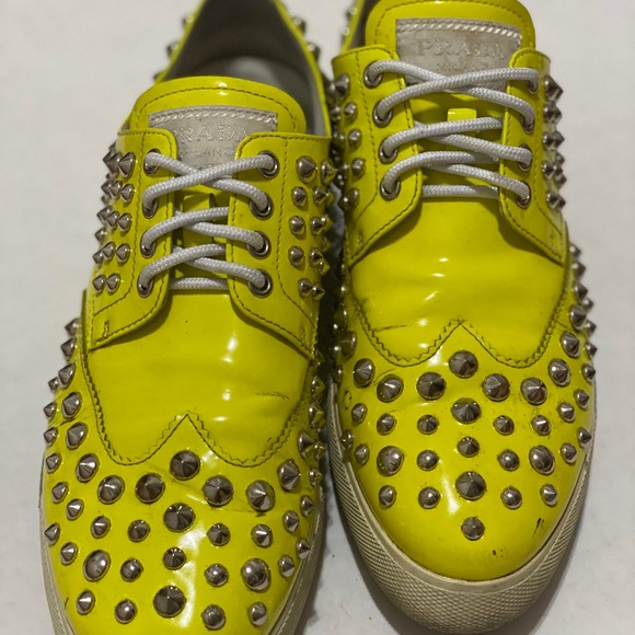 PRADA Neon Yellow Studded Sneakers - Picture 2 of 7
